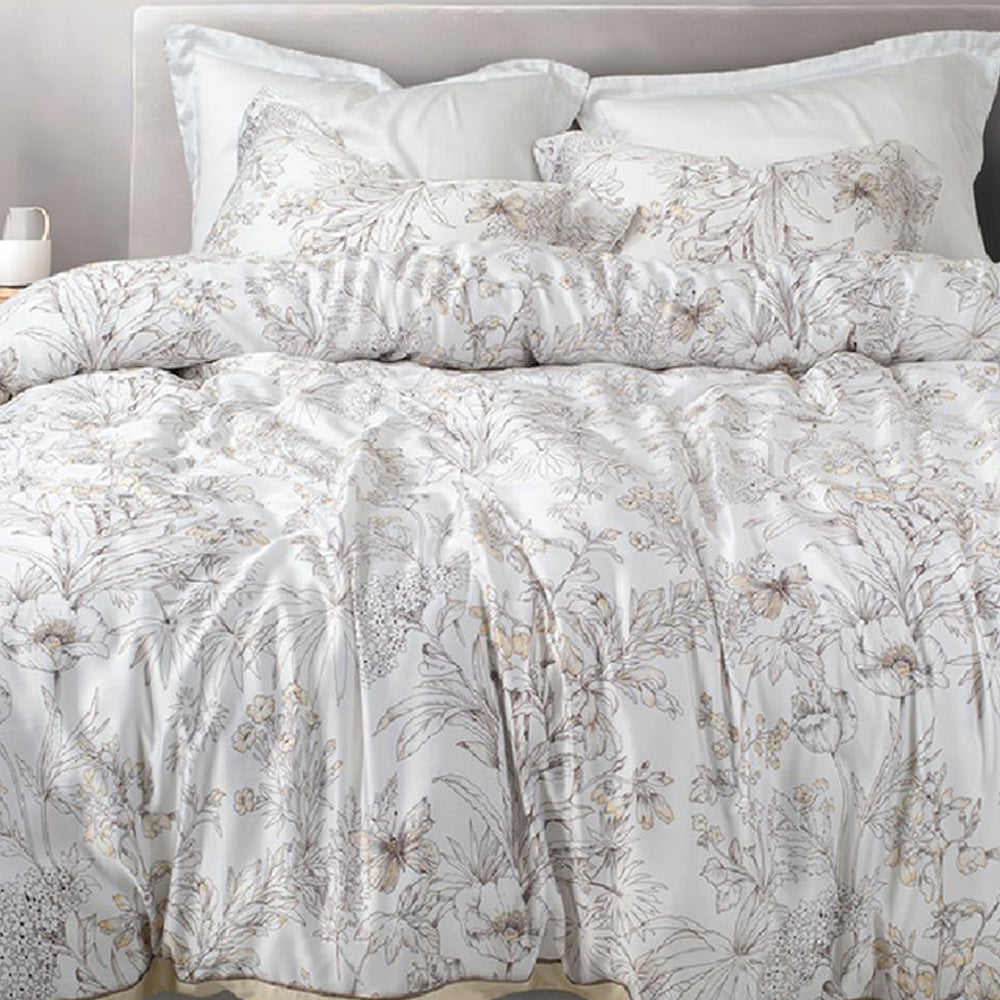 TENCEL WHITE LEAFS DOUBLE BEDSHEET