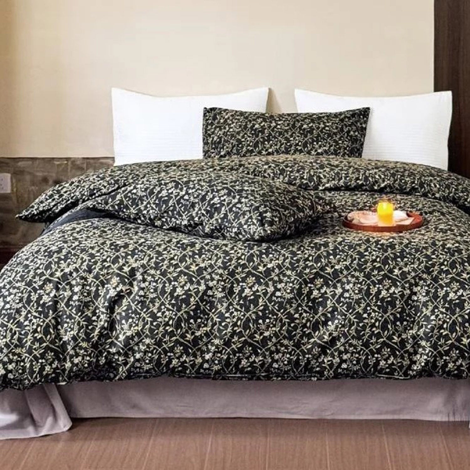 FOUR SEASONS BLACK LEAFS DOUBLE BEDSHEET