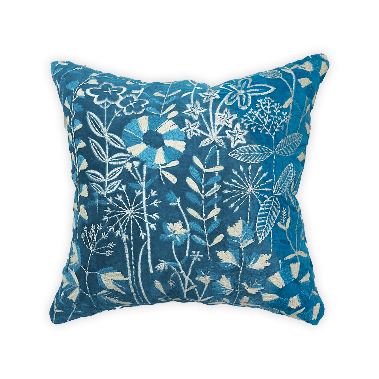 BLUE COTTON VELVET MACHINE EMBROIDERY CUSHION COVER (40X40CMS)