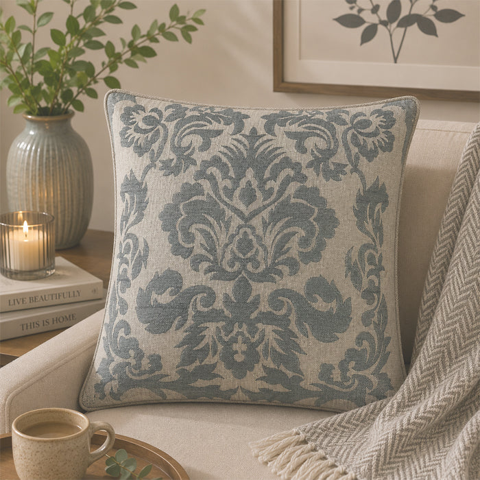 DAMASK BLUE EMBROIDERY CUSHION COVER