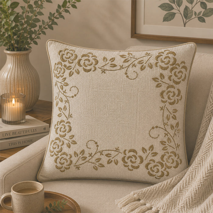 BEIGE ROSE BORDER CUSHION COVER