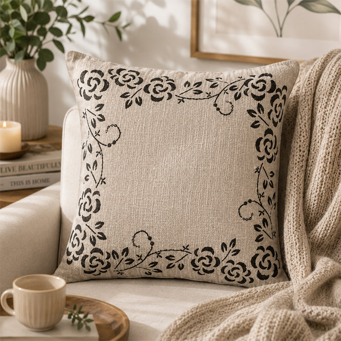BLACK ROSE BORDER CUSHION COVER