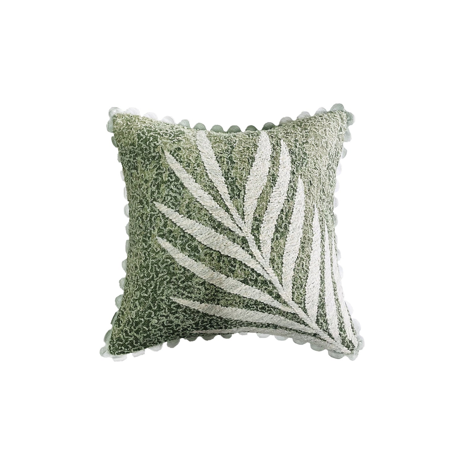 GREEN COTTON LEAF EMBROIDERY CUSHION COVER