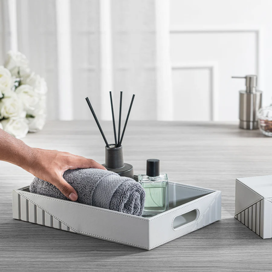 ELEGANT FLUTED SILVER GREY LEATHERITE TRAY