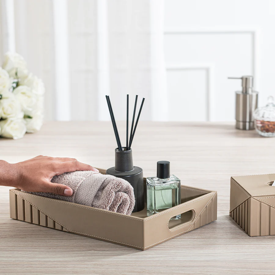ELEGANT FLUTED BEIGE LEATHERITE TRAY
