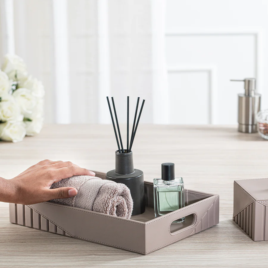 ELEGANT FLUTED TAUPE LEATHERITE TRAY