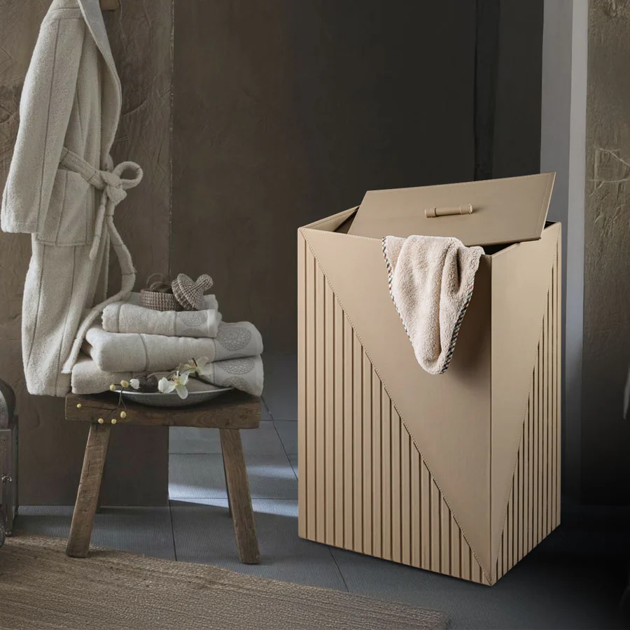 ELEGANT FLUTED BEIGE LEATHERITE LAUNDRY BASKET