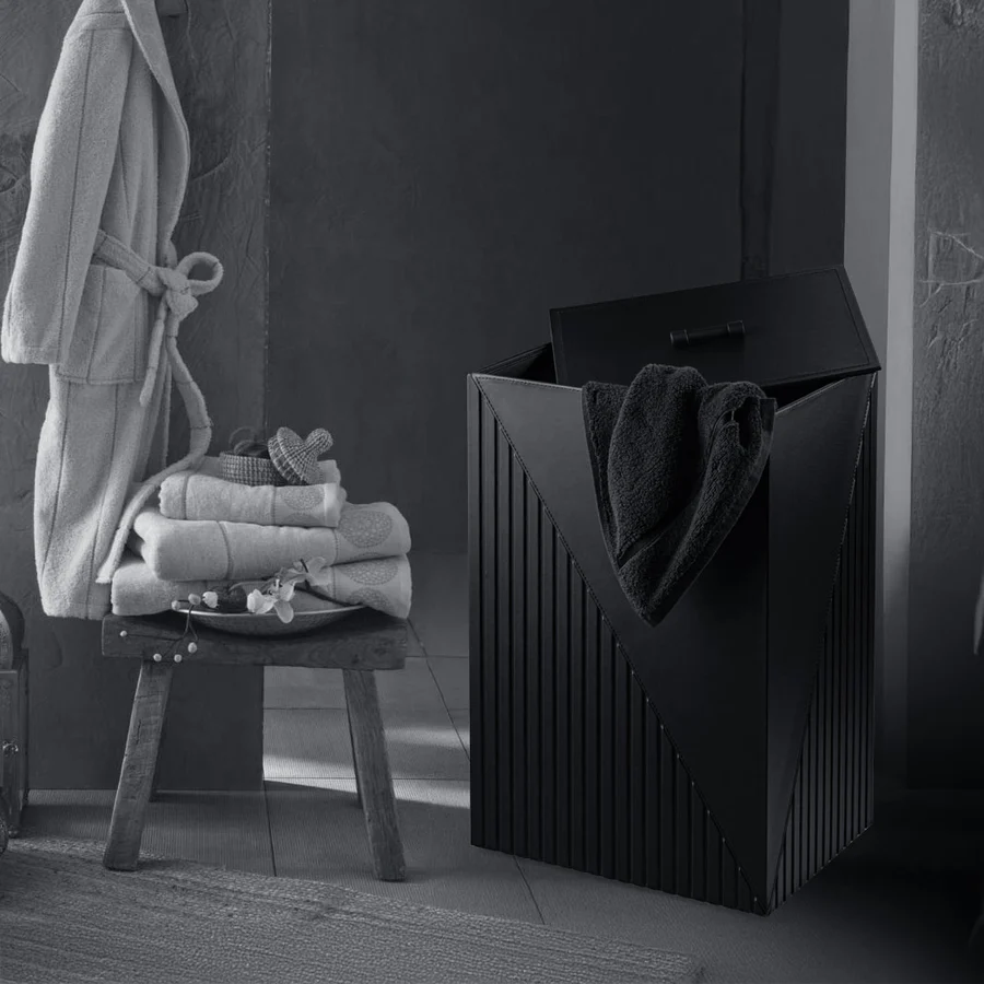 ELEGANT FLUTED BLACK LEATHERITE LAUNDRY BASKET