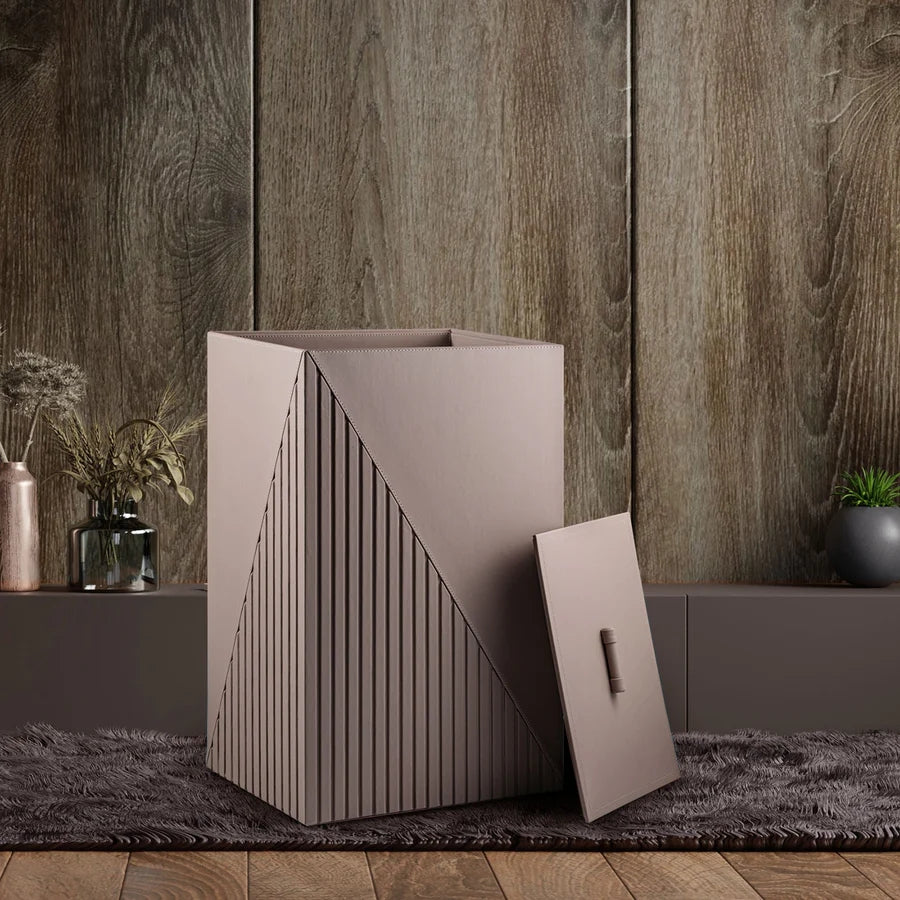 ELEGANT FLUTED TAUPE LEATHERITE LAUNDRY BASKET