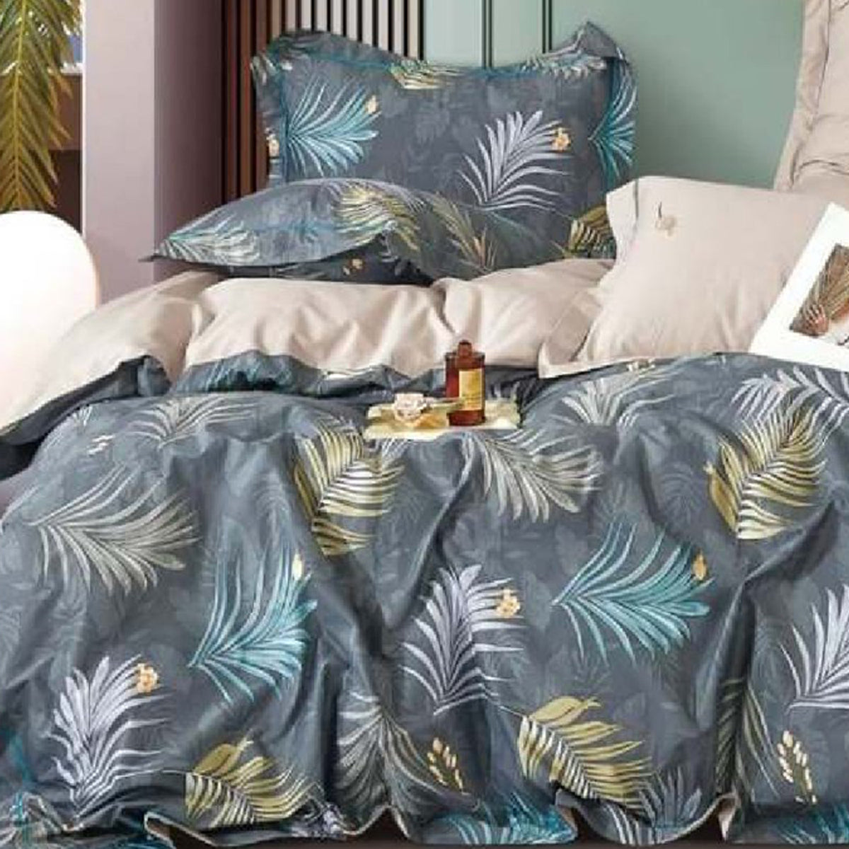 FOUR SEASONS XL GRAY LEAFS DOUBLE BEDSHEET