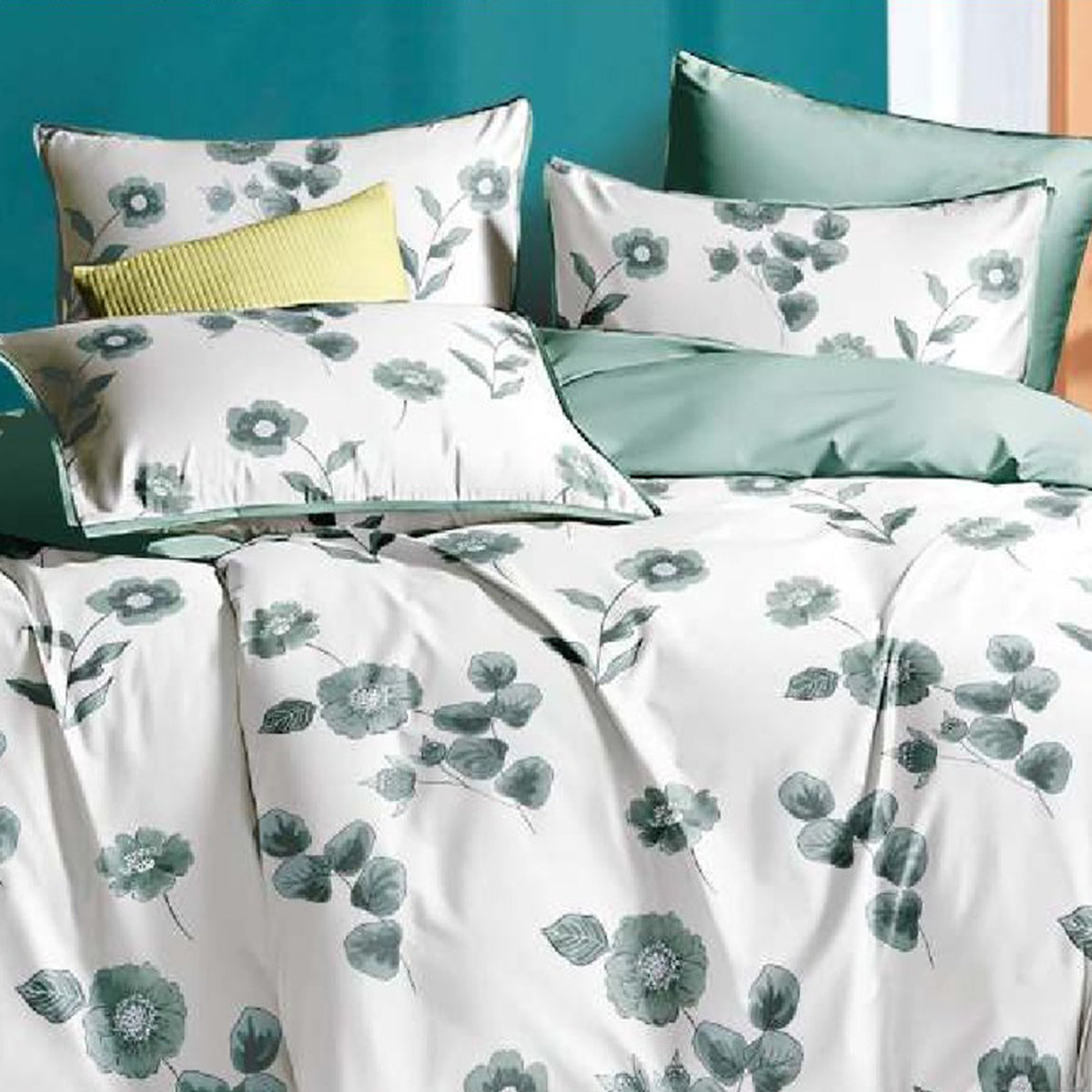 FOUR SEASONS XL WHITE GREEN FLORAL DOUBLE BEDSHEET