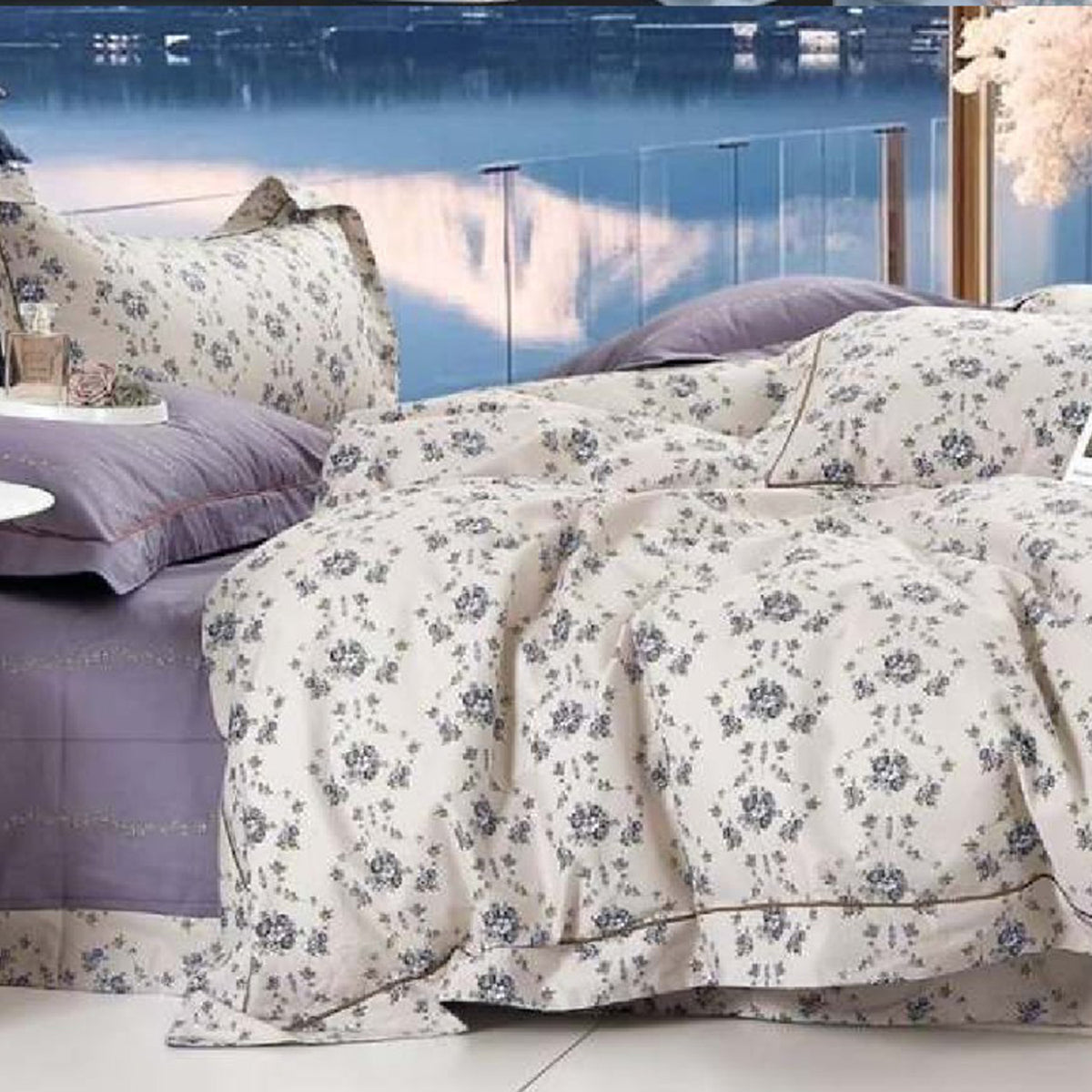 FOUR SEASONS XL WHITE BLUE FLORAL DOUBLE BEDSHEET