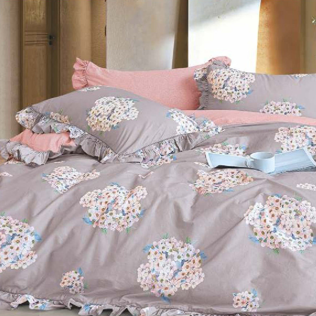 FOUR SEASONS XL LIGHT GRAY FLORAL DOUBLE BEDSHEET