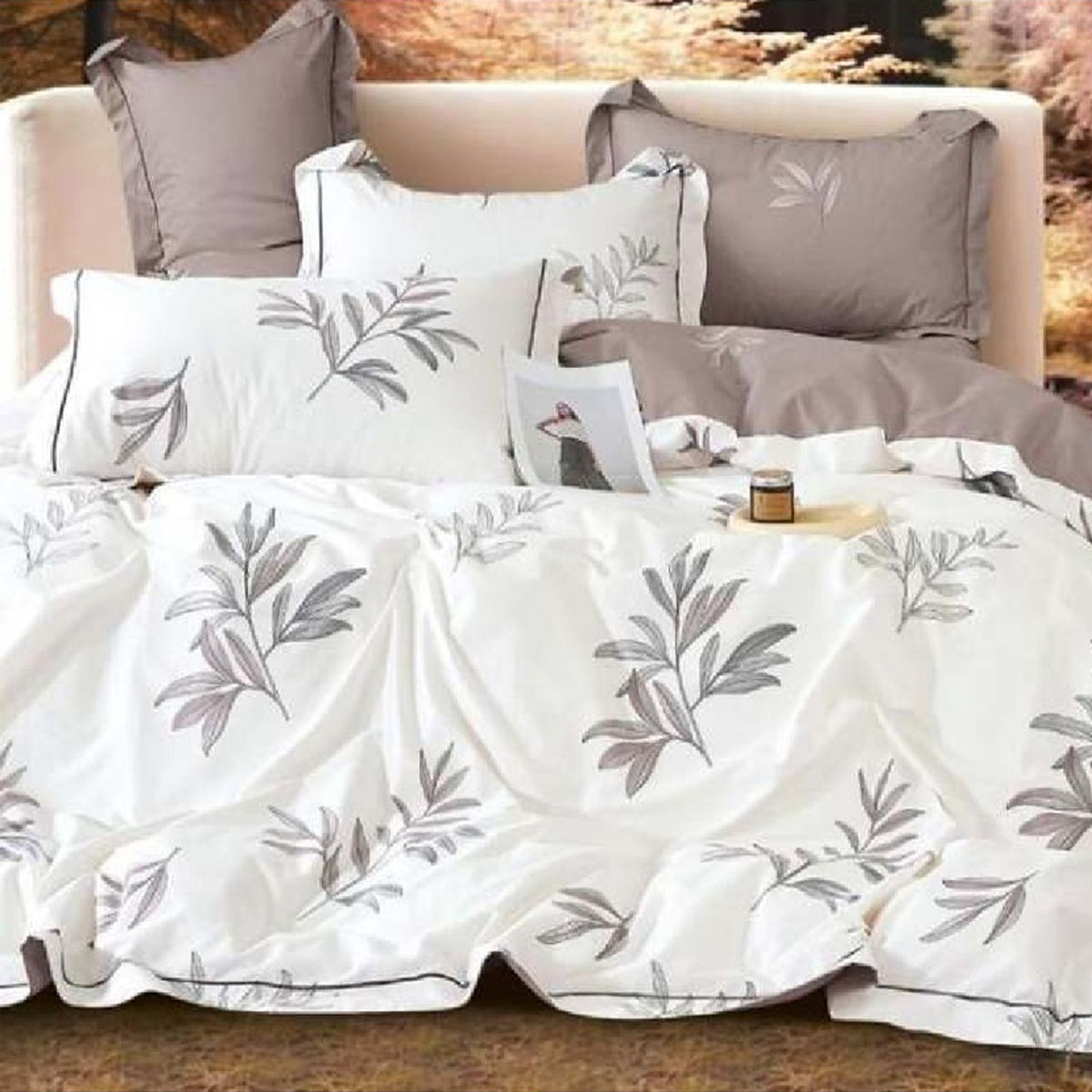 FOUR SEASONS XL WHITE LEAFS DOUBLE BEDSHEET