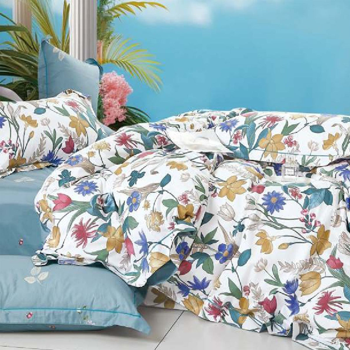 FOUR SEASONS XL WHITE MULTICOLOUR FLORAL DOUBLE BEDSHEET