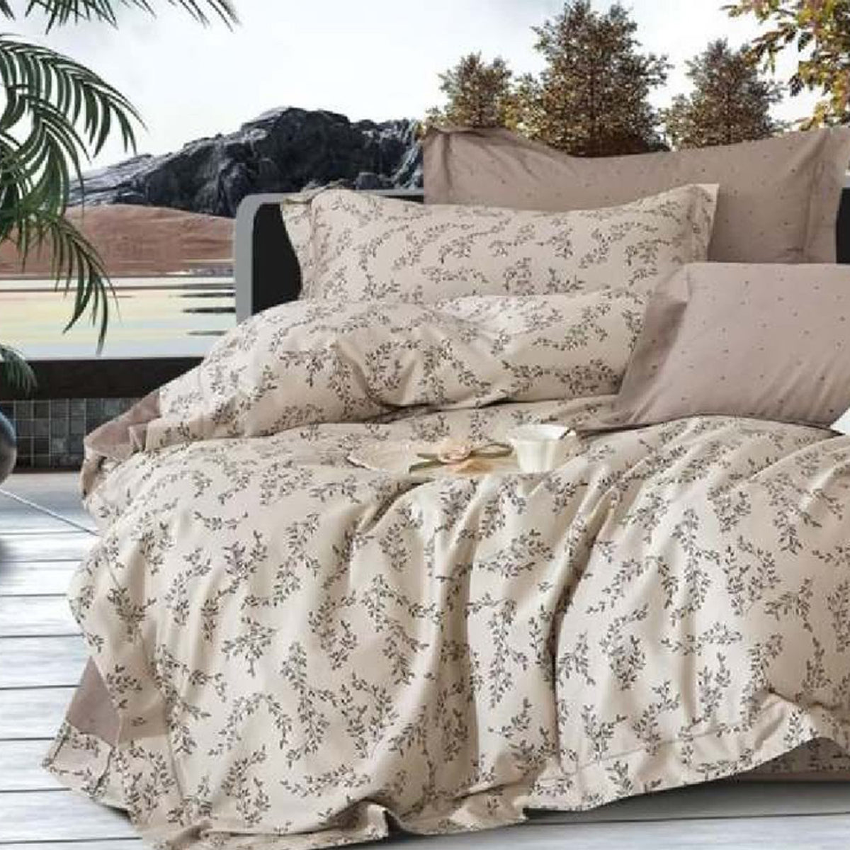 FOUR SEASONS XL BROWN LEAFS DOUBLE BEDSHEET