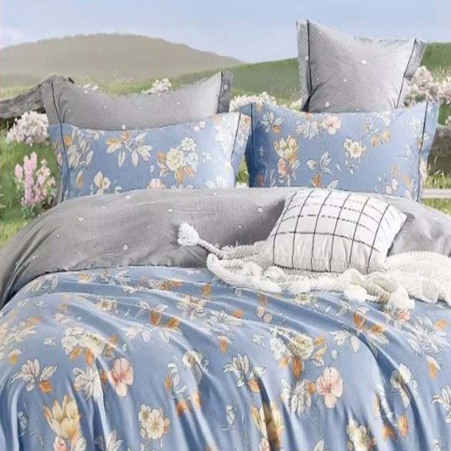 FOUR SEASONS XL CADET BLUE FLORAL DOUBLE BEDSHEET