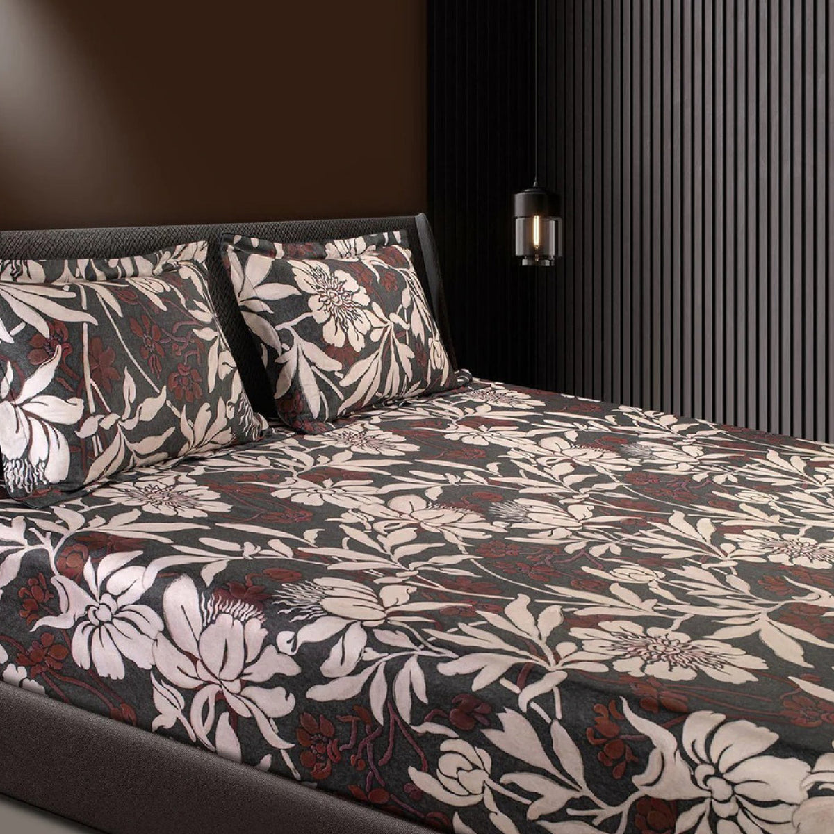 GLOBAL LIVING SG BLACK BEIGE FLORAL DOUBLE BEDSHEET