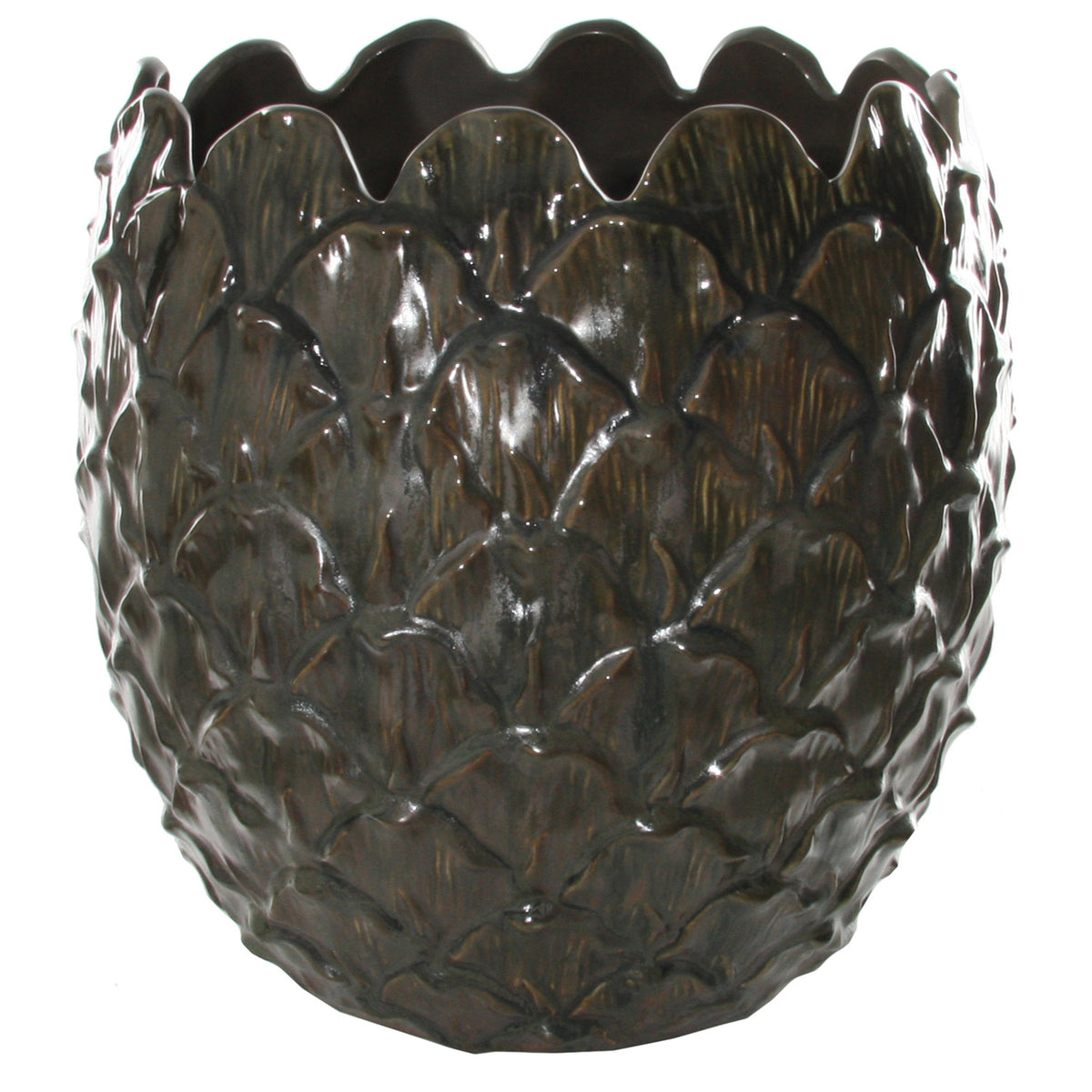 CERAMIC CONE POT GREEN BROWN VASE