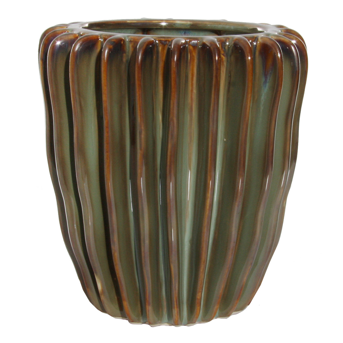 CERAMIC POT WITH LINES GREEN BROWN VASE