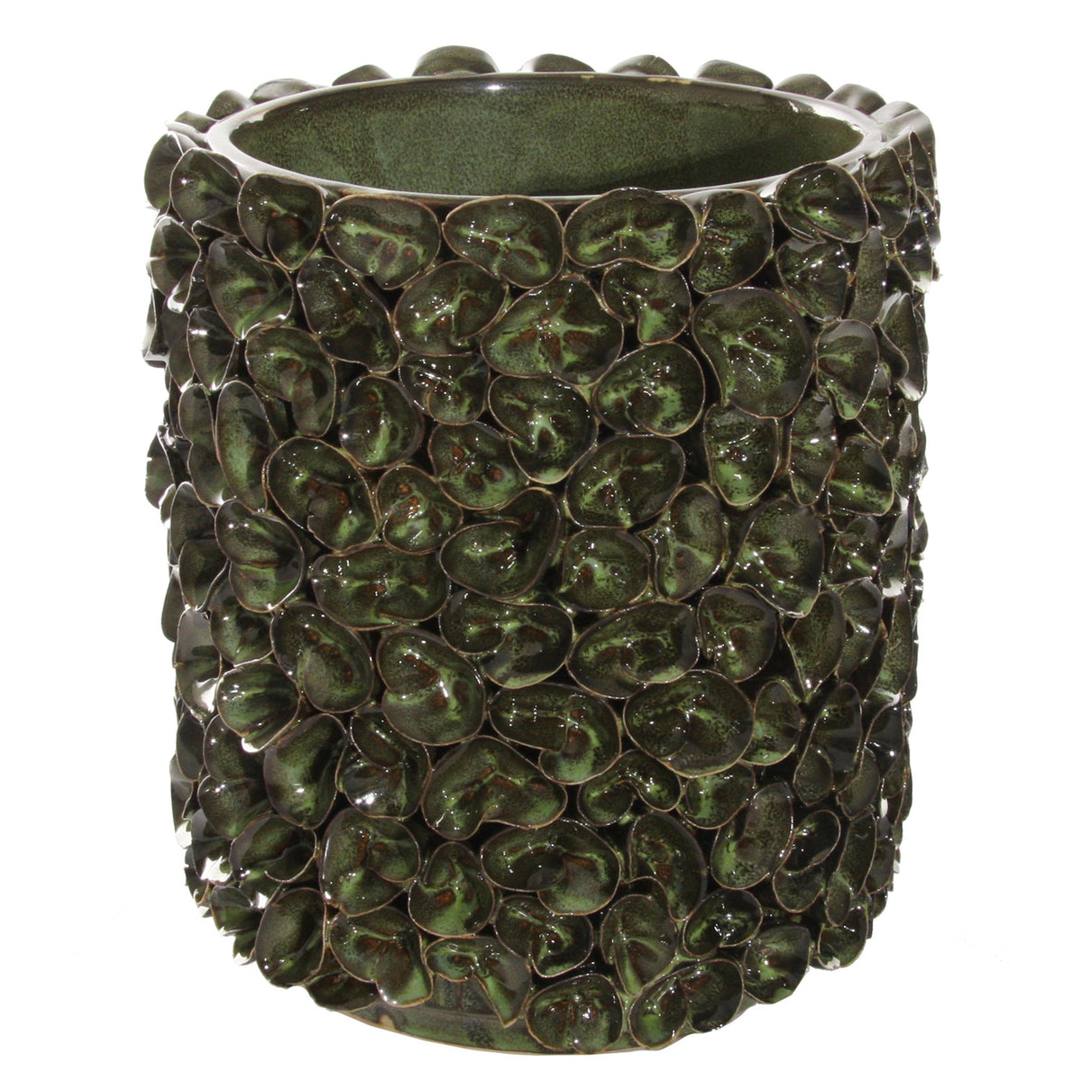 CERAMIC CYLINDER LEAVES COVERED GREEN BROWN HOME DECOR