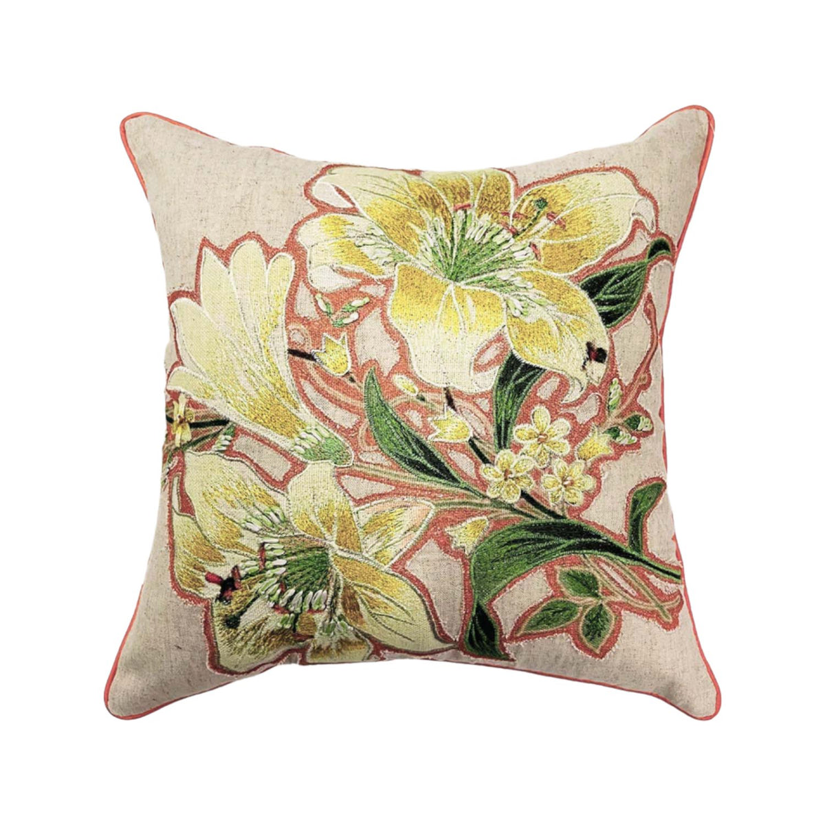 RUST FLORAL COTTON MACHINE EMBROIDERY CUSHION COVER (40X40CMS)