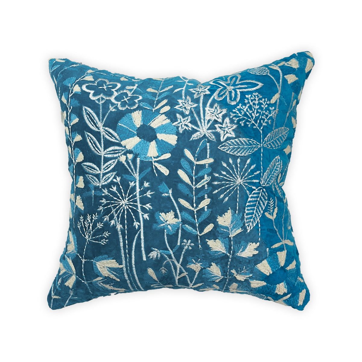 BLUE COTTON VELVET MACHINE EMBROIDERY CUSHION COVER (40X40CMS)