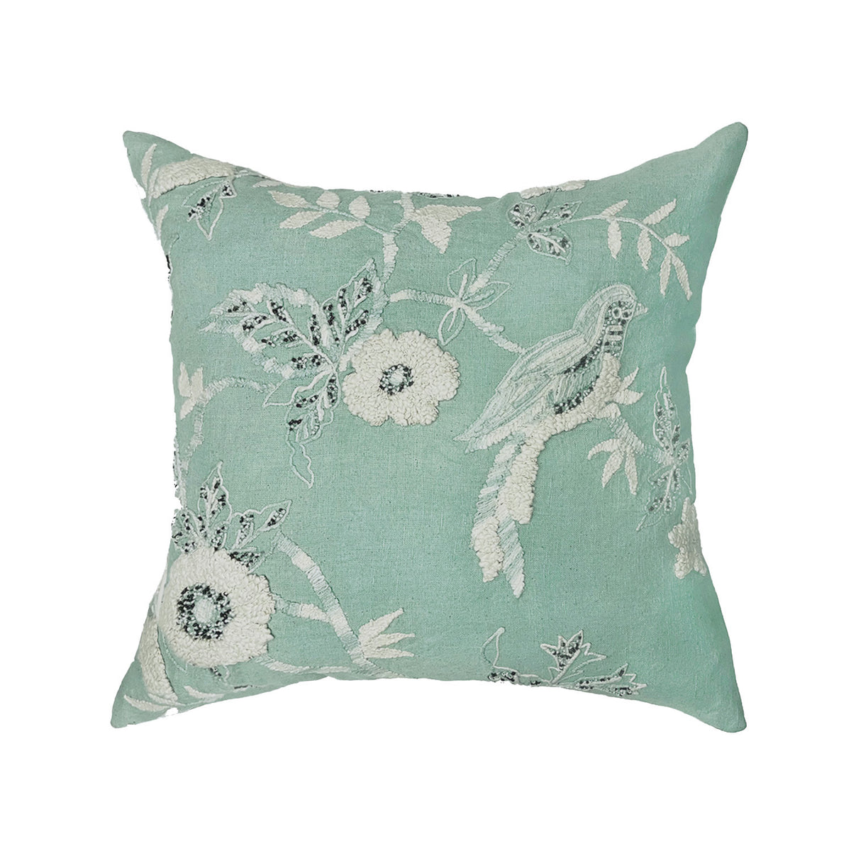 AQUA FLORAL COTTON MACHINE EMBROIDERY CUSHION COVER (45X45CMS)