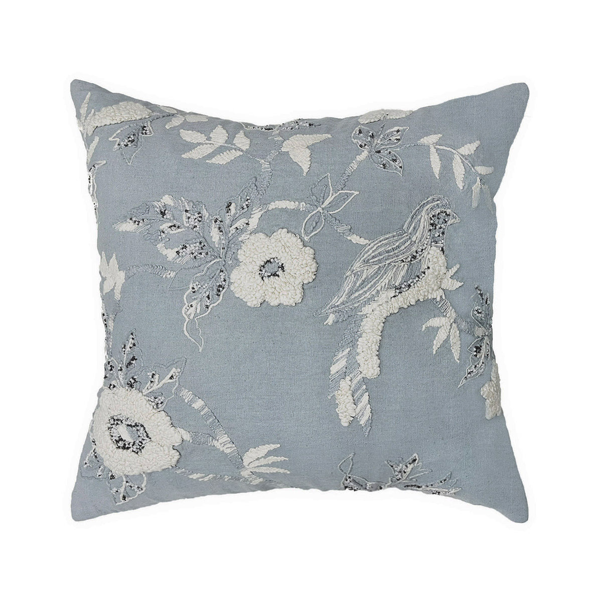 GREY FLORAL COTTON MACHINE EMBROIDERY CUSHION COVER (45X45CMS)