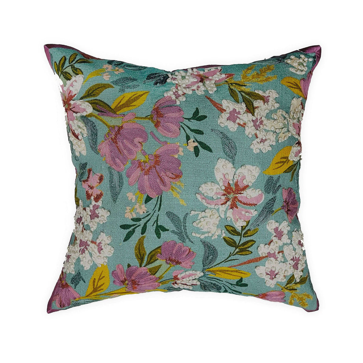 LINEN AQUA COTTON MACHINE EMBROIDERY FLORAL CUSHION COVER (40X40CMS)