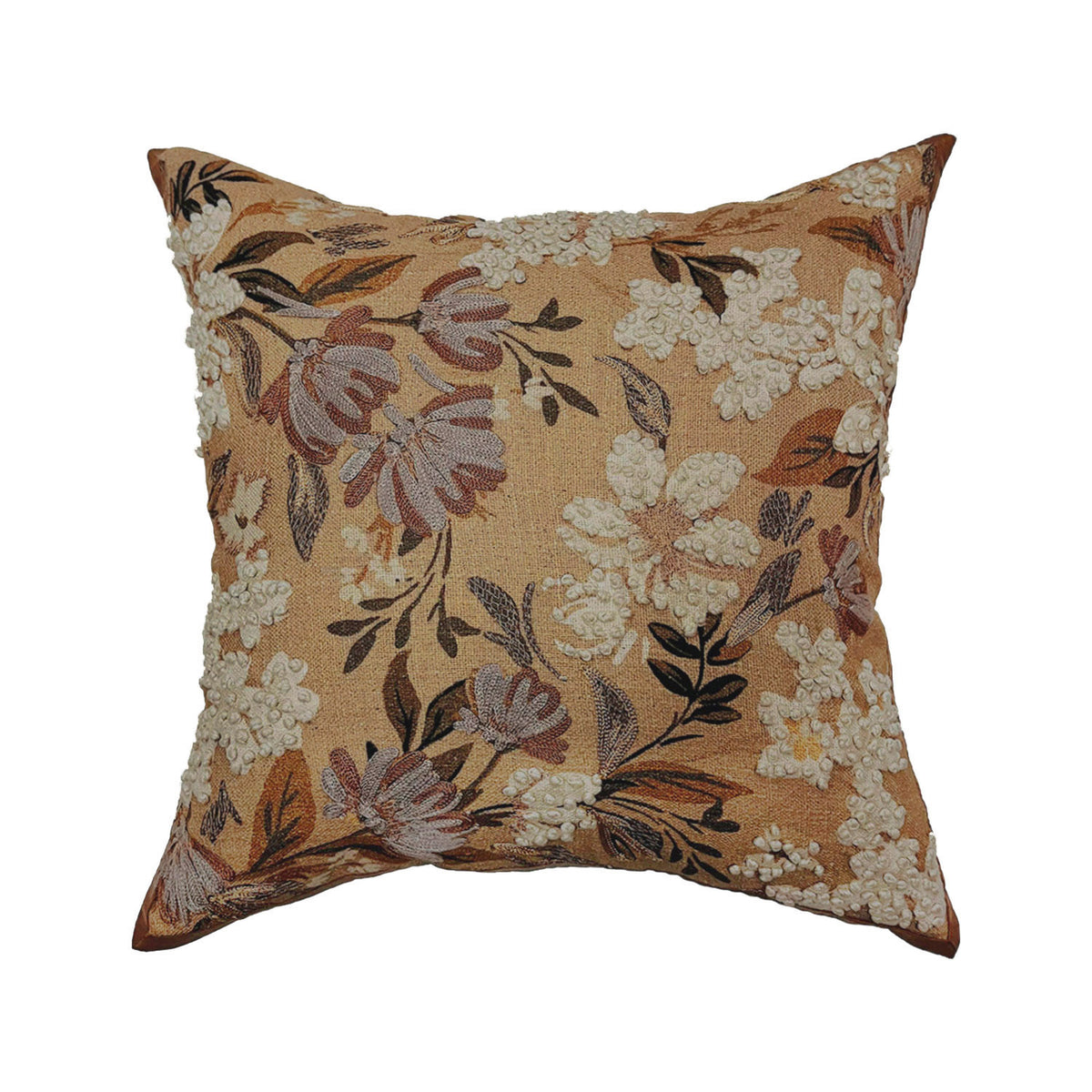 LINEN BROWN COTTON MACHINE EMBROIDERY FLORAL CUSHION COVER (40X40CMS)