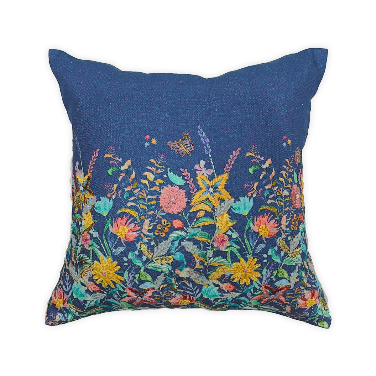 LINEN BLUE MACHINE EMBROIDERY FLORAL CUSHION COVER (40X40CMS)