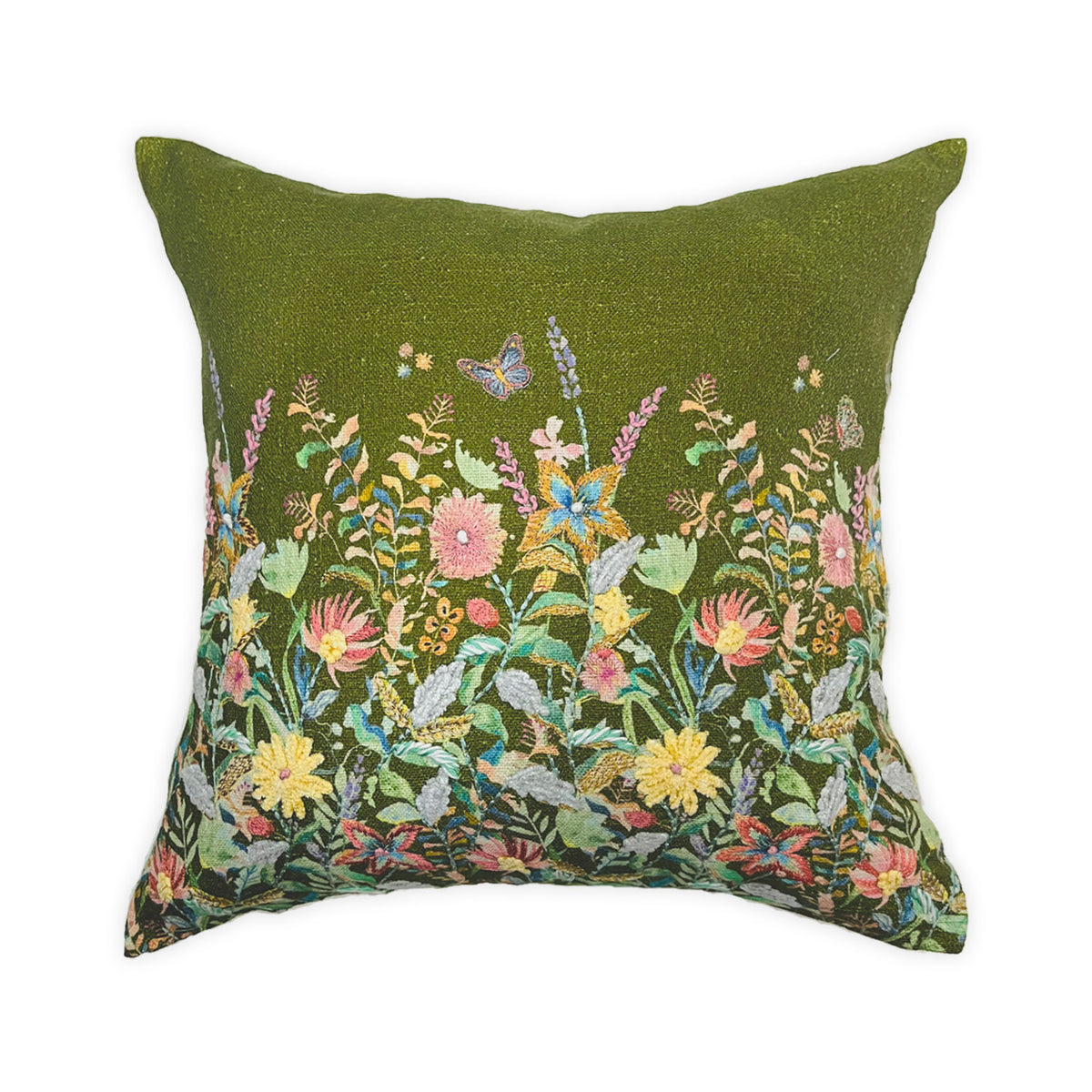 LINEN GREEN MACHINE EMBROIDERY FLORAL CUSHION COVER (40X40CMS)
