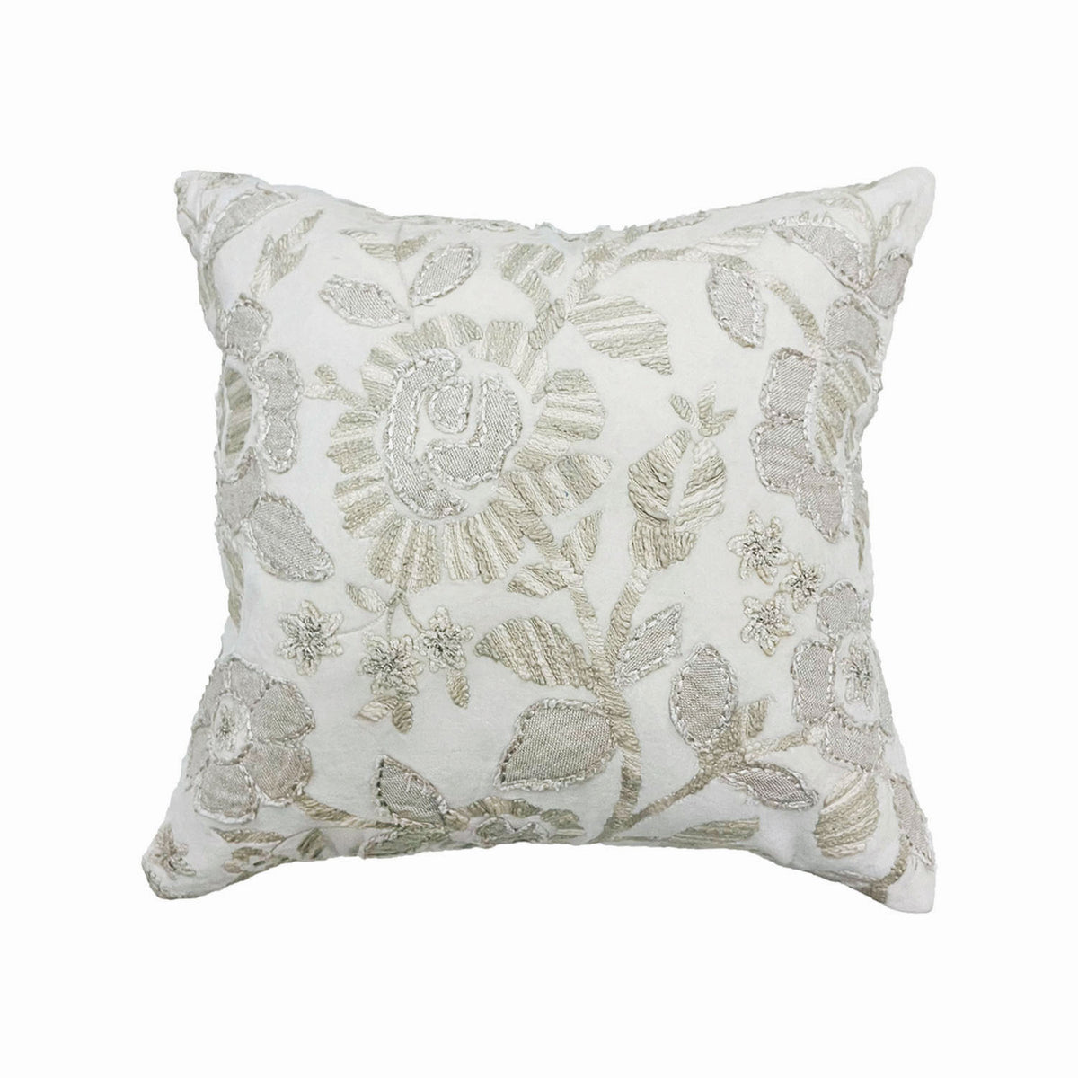 OFF WHITE FLORAL COTTON VELVET MACHINE EMBROIDERY CUSHION COVER (45X45CMS)